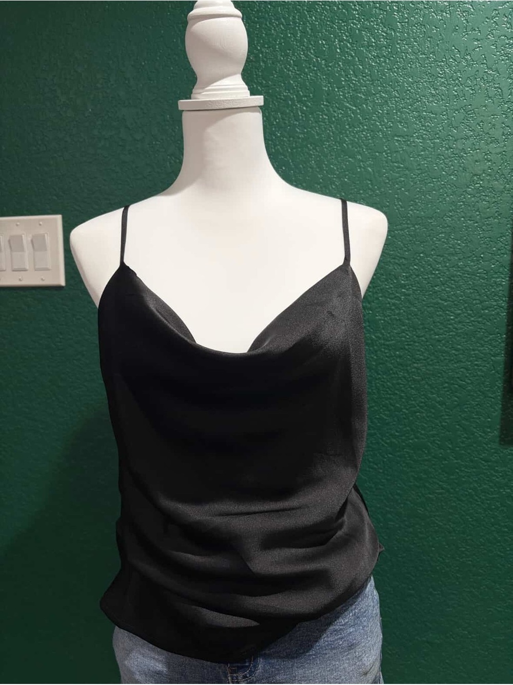 Satin Cowl Neck Spaghetti Strap Tank Top - Black